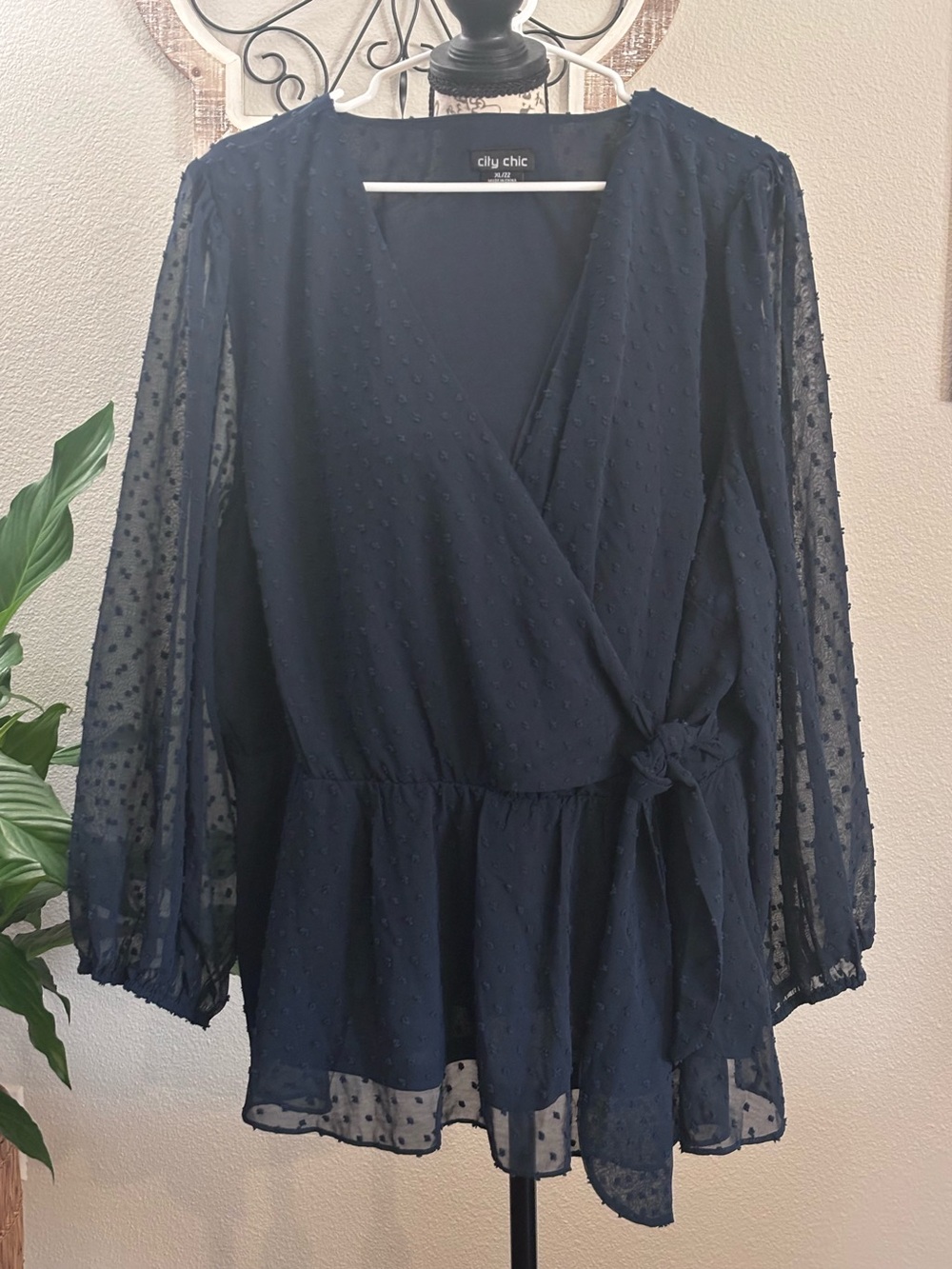 City Chic Navy Swiss Dot Wrap Peplum Top